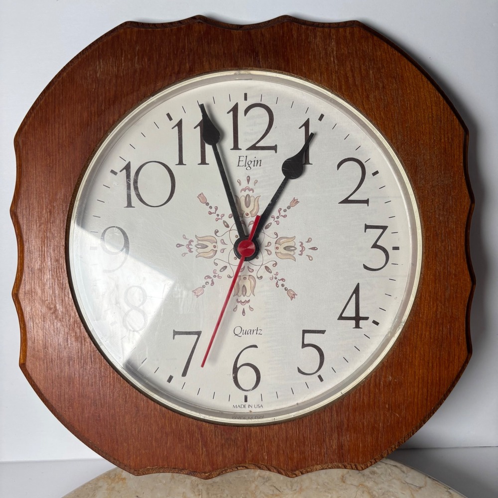 Elgin Wall Clock Brown Wood Scalloped Quartz Floral Made in USA Cottagecore 10"